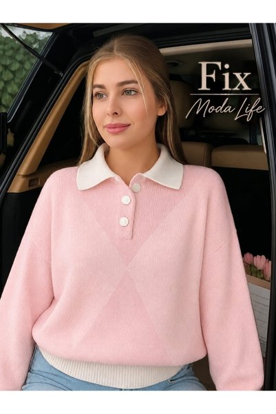 Fix Modalife Γυναικείο ροζ πλεκτό πουλόβερ με γιακάς πόλο και κουμπιά