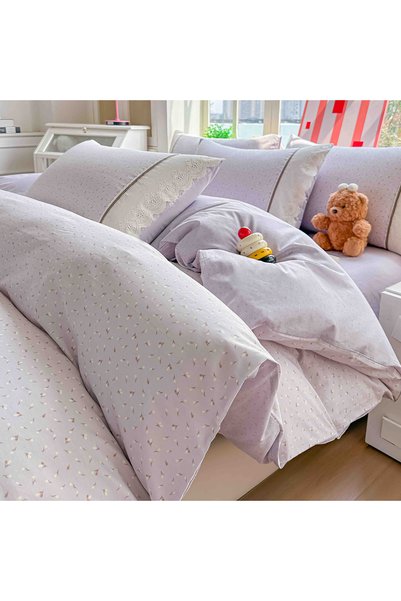 JOJO HOME Set de lenjerie de pat brodată, de culoare crem, 4 piese, 100% bumb...