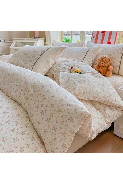 JOJO HOME Set de lenjerie de pat din 100% bumbac, cu elastic și broderie, 4 p...