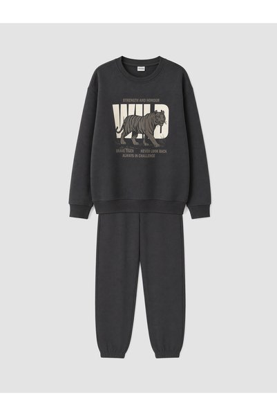 LC Waikiki Peak New Season Anthracite Leopard-Print Boys' Thick Sweatsuit Set