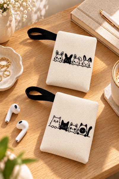 Paris Home Set of 2 Cat and Rabbit-Printed Zipper Fabric Headphone Storage Po...