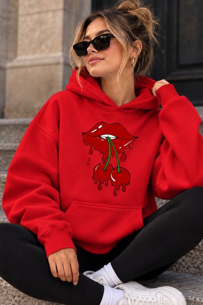ArtYus Unisex Oversized Hoodie with Lips and Cherries Print – Relaxed Casual ...