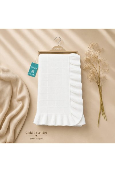 LATAFAH Knitted Acrylic Baby Blanket, Checkered Pattern and Ruffled Border, W...