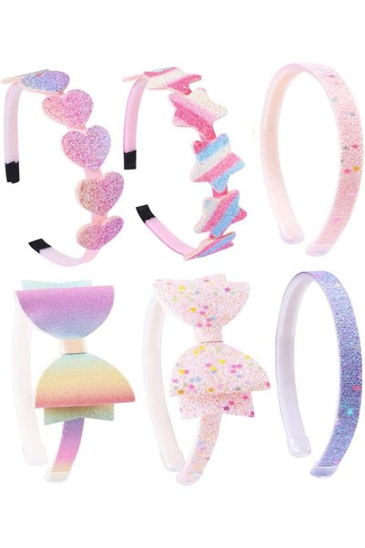 Generic 6 Pack Girls Glitter Headbands with Bow, Heart & Star - 6 Pieces of S...