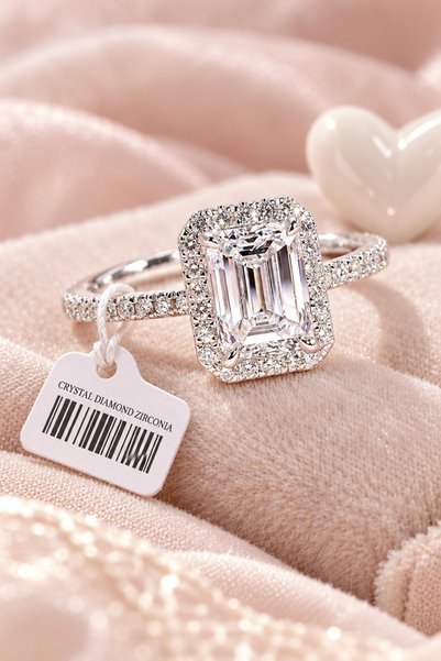 Crystal Diamond Zirconia 0,75 Karat Görünümlü Baget Halo Tektaş Sertifikalı Kararmaz Yüzük Beyaz