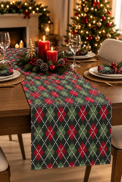 Hieve Red and Green Scandinavian Knit-Patterned New Year's Table Runner, 40x1...