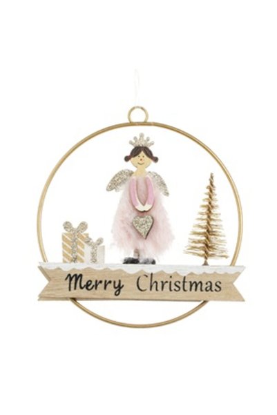 OEM Ornament Brad de Craciun Cerc Auriu din Lemn cu Inger Ø10cm