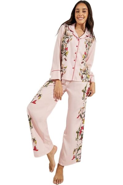 Generic Women Satin Floral Print Piped Trim Detail Shirt & Pyjama Set
