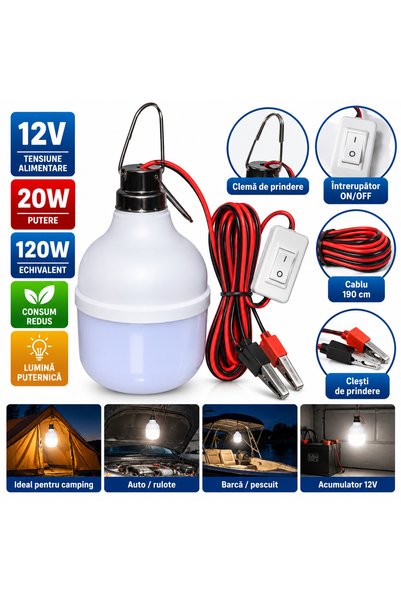 Generic Brand Bec de 12 V cu LED de 20 W/clești + întrerupător