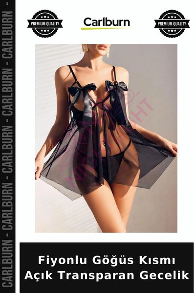 Carlburn Premium Bow-Detail, Open-Front, Sheer Nightgown with Straps