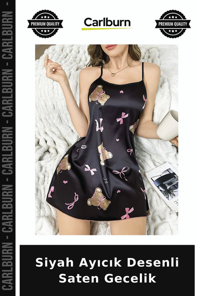 Carlburn Premium Black Satin Nightgown with Teddy Bear Print—Stylish and Shiny
