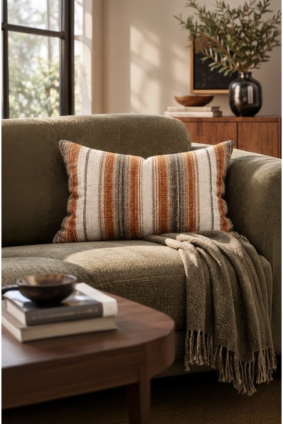 CANİLA Digitally Printed Striped Rectangular Cushion Cover, 33 x 53 cm, Rever...