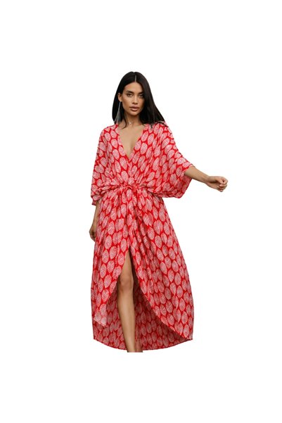 Chicret TROPICAL BREEZE Μακρύ κιμονό παραλίας με σχέδιο φύλλων