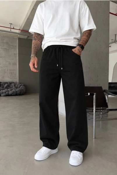 MADZEYMODA Men's Black Baggy Gabardine Pants with Elastic Waistband KE-1355