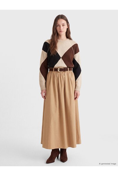LC Waikiki Özmarka New Season Beige Elastic-Waist Poplin Flared Skirt