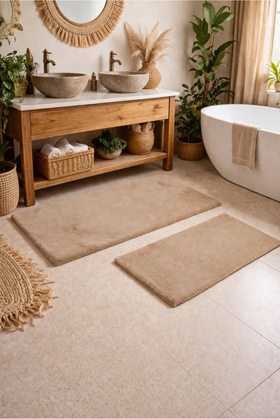 Homeland Rabbit-Fur Plush Bath Mat Set CAMEL, Set of 2, 45x60-60x100