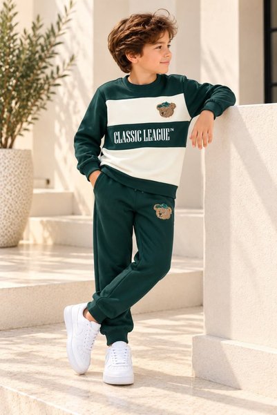 Patriko BOYS' BRUSHED INSIDE BEAR-EMBROIDERED SWEATSHIRT AND PANTS SET
