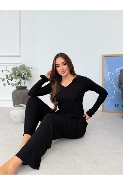 POV Kadın Siyah Fitilli Uzun Kollu Rahat Kesim Pijama Takımı