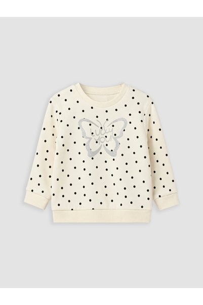 LC Waikiki Vizyon New Season Ecru Polka Dot Girls' Thick Sweatshirt