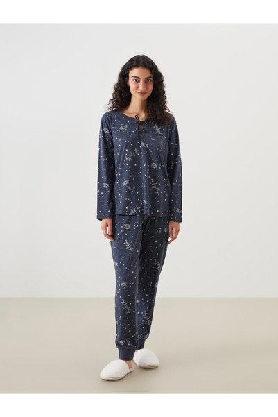 LC Waikiki Vizyon New Season Tie Collar Printed Women's Pajama Set