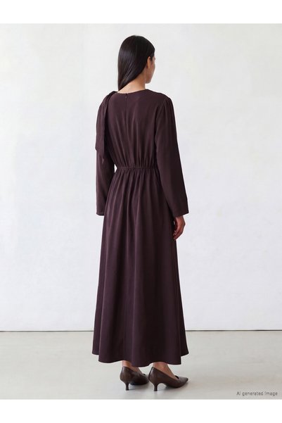 LC Waikiki LCW Modest Brown Plain Comfortable & Relaxed Drapey Collar Long Dr...