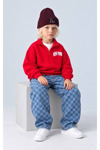 Patriko GIRLS' AND BOYS' MOCK NECK SWEATSHIRT AND CHECKERED DENIM PANTS SET