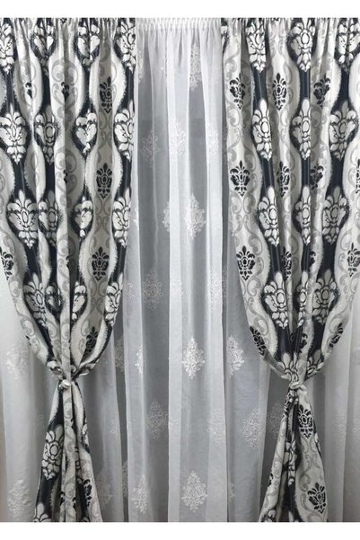 Mastel Set 2 draperii opace gri-negru cu perdea brodată ivoire B9, cu rejansă