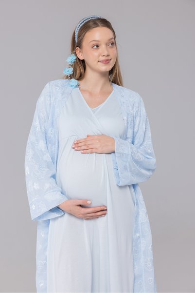 Yulem Homewear New Season Blue Special-Patterned Double-Breasted Cotton Long-...