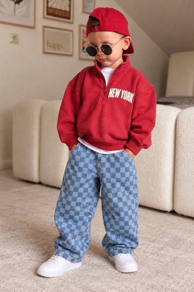 Patriko GIRLS' AND BOYS' MOCK NECK SWEATSHIRT AND CHECKERED DENIM PANTS SET