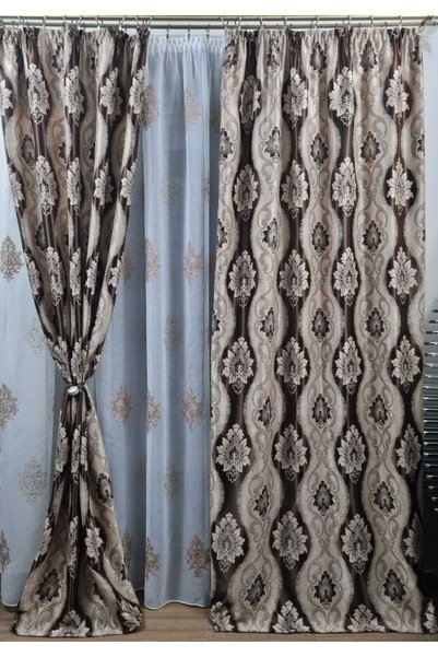 Mastel Set de 2 perdele blackout bej-maro cu broderie maro-ivoar B3M