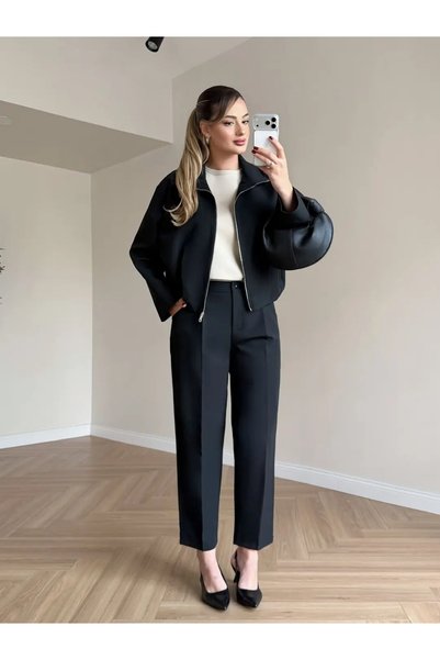 buqre's moda Women's Bomber Jacket and Carrot-Cut Pants Set