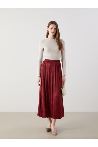 LC Waikiki Two Mt Shop Quality Lcw Modest Burgundy Satin Plain Midi Women's S...
