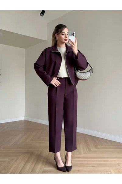 buqre's moda Women's Bomber Jacket and Carrot-Cut Pants Set