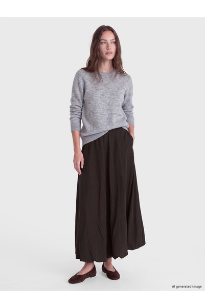 LC Waikiki Lcw Modest Brown Poplin Plain Midi Women's Skirt with Nevavm Diffe...