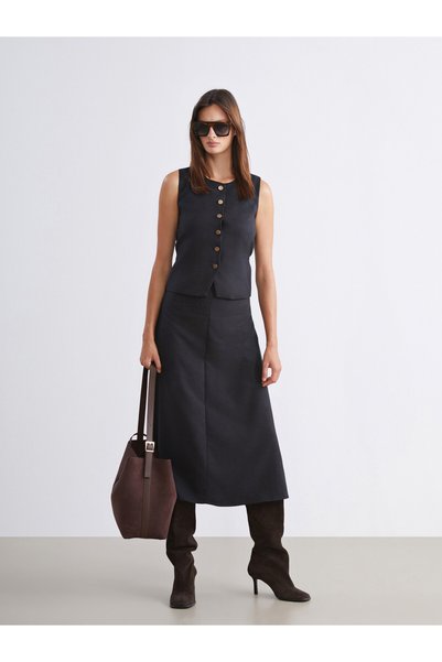 LC Waikiki TWO MT SHOP QUALITY Soulife Black Suede-Look Straight Midi Skirt f...