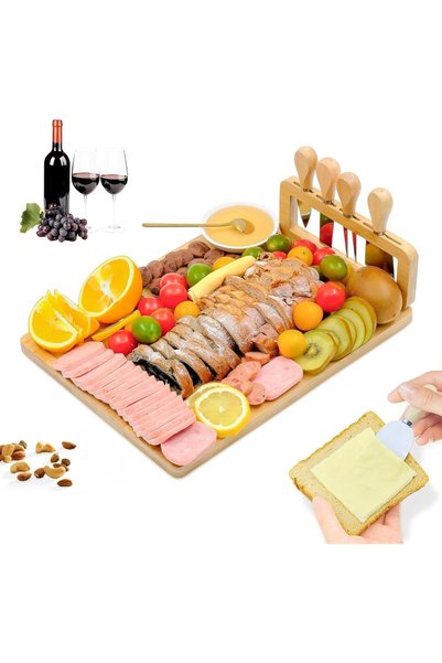Generic طقم هدايا لوح تقديم الجبن من الخيزران مع سكاكين، صينية تقديم خشبية لل...