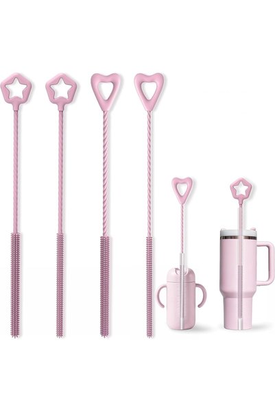 Generic Silicone Straw Cleaner Brush Set for Tumbler Cleaning, 4 Pink Extra-L...