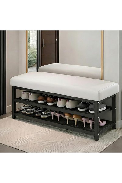 Generic 2-Tier Shoe Rack Organizer 80cm with White Padded Faux Leather Seat a...