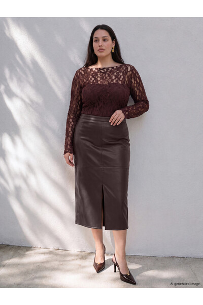 LC Waikiki TWO MT SHOP QUALITY LCW Curve Burgundy Faux Leather Straight Midi ...