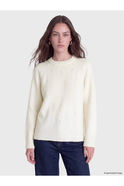 LC Waikiki TWO MT SHOP QUALITY LCW Modest Ecru Oval-Neck Rhinestone Women's K...