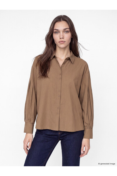 LC Waikiki Two Mt Shop Quality Lcw Modest Brown Loose Fit Pleated Women's Shirt