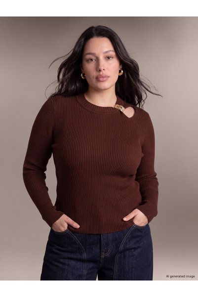 LC Waikiki جودة TWO MT SHOP: سترة نسائية من LCW Curve من الصوف البني بياقة بي...
