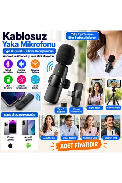 NY JOY Type C Uyumlu İphone Dönüştürücülü Kablosuz Yaka Mikrofonu Android ve İphone Uyumlu M NYJOYBZ