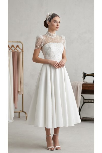 SEDABULBULTASARİM Beyaz Midi Boy Kloş Dantelli Nikah Söz Nişan Elbisesi Abiye