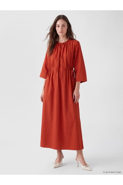 LC Waikiki LCW Modest Orange Solid Loose & Flowy Midi Dress with an Oval Neck...