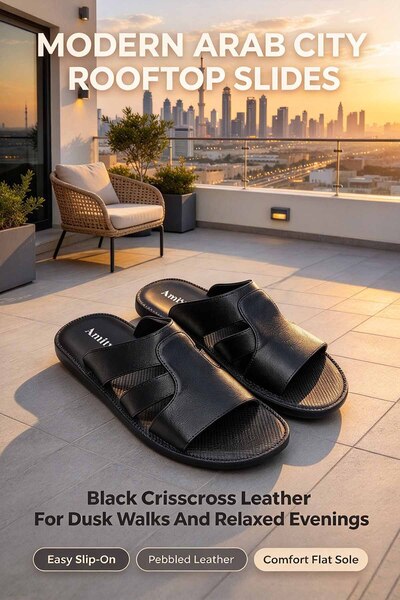 Alnoor Global Store Men's Comfort Slide Sandals Embossed Leather Straps Wide ...