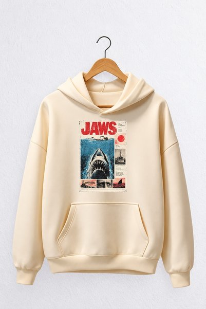 Vordevia سترة قطنية فاخرة أوفر سايز مطبوعة بقبعة وطبعة «Jaws»، مصنوعة من 3 خي...