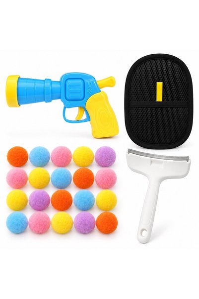 Busstier Pom-Pom Star – Pom-Pom-Shooting Cat Toy Gun and Fur Remover, Comb Set