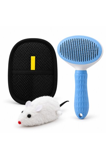 Busstier Velvet Traces – Plush Wind-Up Mouse Cat Toy and Lint Remover, Comb Set