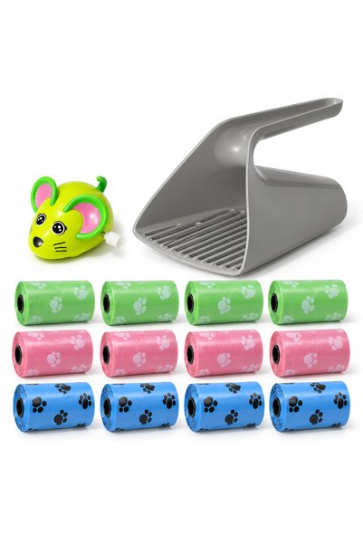 Busstier Mouse Star – Wind-Up Mouse Cat Toy, Sand Scoop, and Trash Bag Set